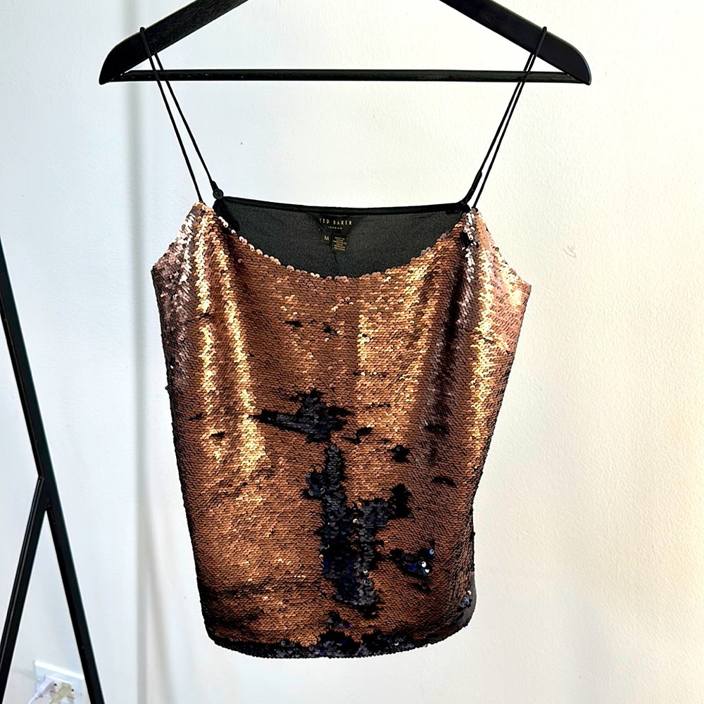 Sequin top, TED BAKER camisole, brown black flippy sequins